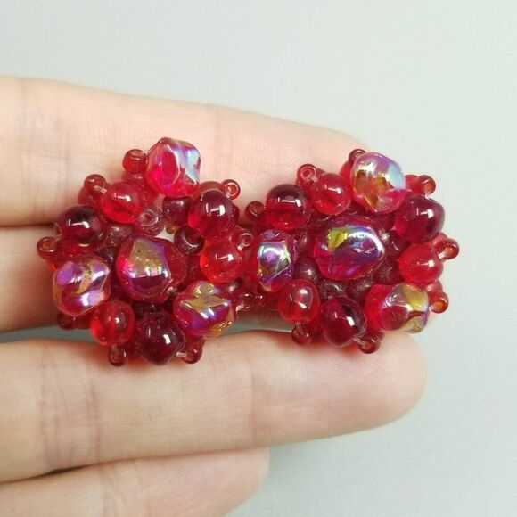 Vintage Retro Red Glass Beaded Cluster Clip On Earrings, Made in West Germany - Picture 7 of 7